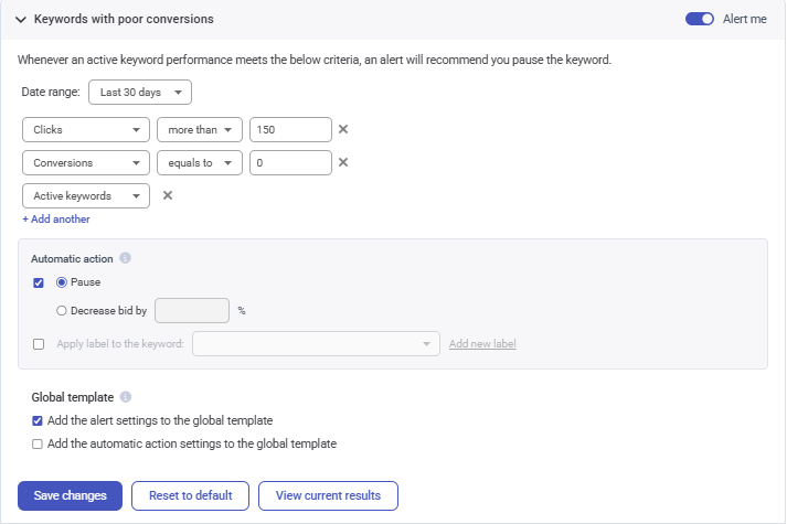 Adalysis alert settings for keywords with poor conversions check
